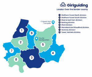 a map showing the 8 districts of London Over the Border County Waltham Forest North division Waltham Forest South division West & East Ham division Barking division Ilford division Wanstead and Woodford division Hackney division Tower Hamlets division